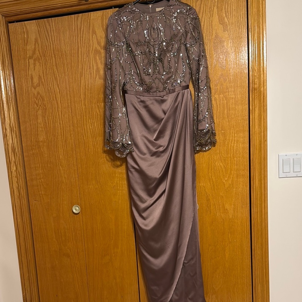 Elegant Beaded Evening Gown in Taupe